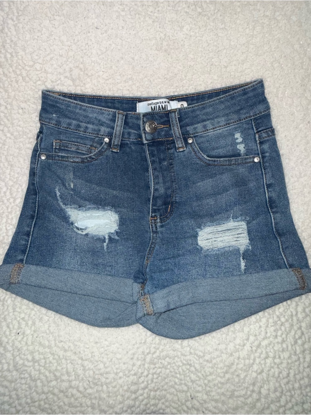miami Distressed Rolled Hem Denim Shorts - Blue